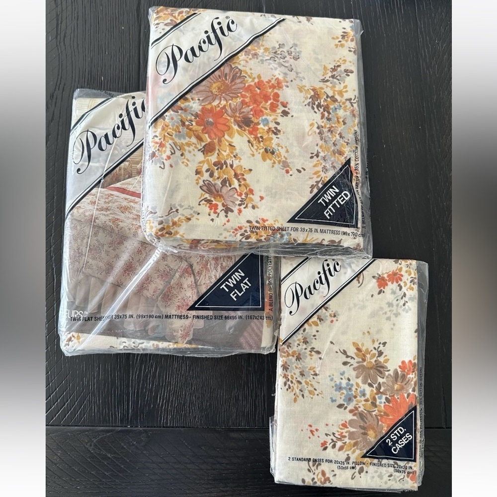 Vintage Pacific Twin Floral Sheet Set Cotton Blend Beige Orange Blue 4-Piece